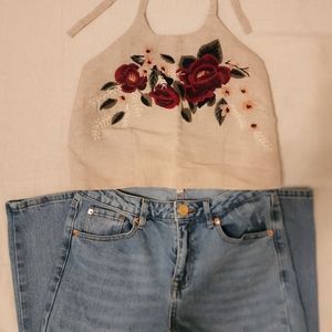 Beige floral embroidered halter crop top